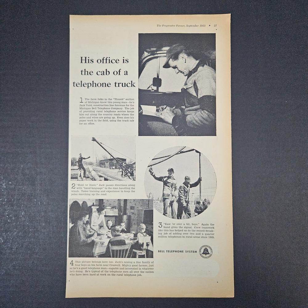 1953 Bell Telephone System Vintage Print Ad Croswell MI Rural Phone Linemen Shop